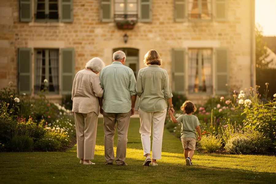 Trois générations d'une famille devant une maison normande en pierre, transmission de patrimoine