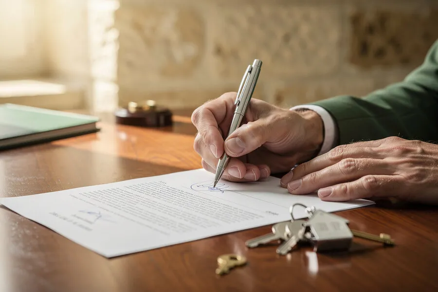 Signature d'un acte de vente immobilier à l'Étude Vauquelin, Caen
