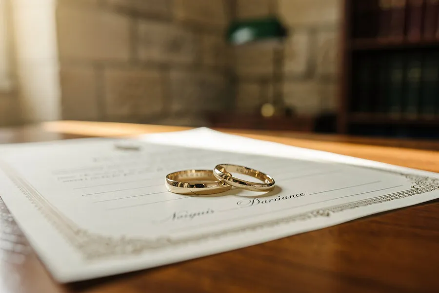 Deux alliances posées sur un contrat de mariage à l'Étude Vauquelin, Caen