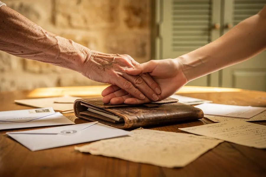 Mains de deux générations sur des documents de famille à l'Étude Vauquelin, Caen